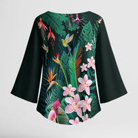 Hawaii Hummingbird Tropical Flowers Kimono Sleeve Blouse Dark Green