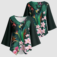 Hawaii Hummingbird Tropical Flowers Kimono Sleeve Blouse Dark Green
