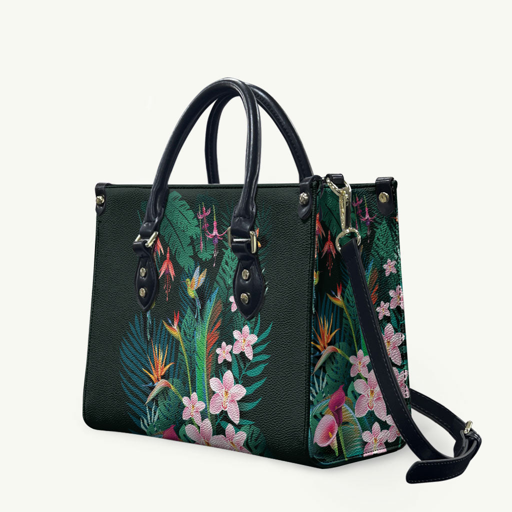 Hawaii Hummingbird Tropical Flowers Leather Bag Dark Green LT01 Green - Polynesian Pride