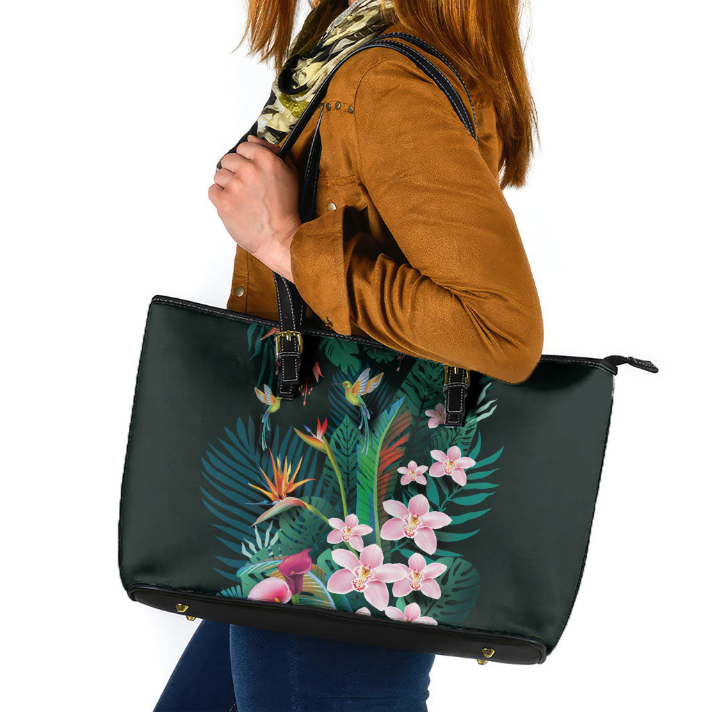 Hawaii Hummingbird Tropical Flowers Leather Tote Bag Dark Green LT01 Green - Polynesian Pride