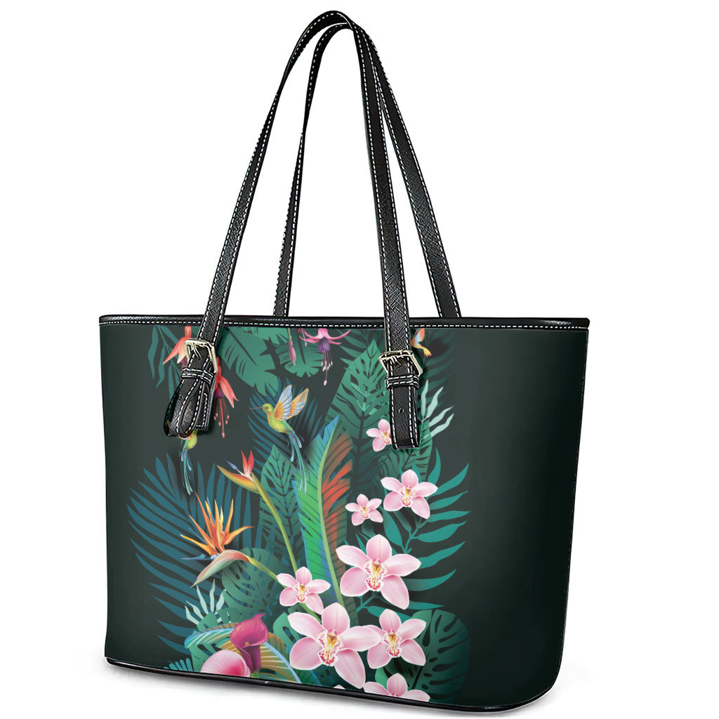 Hawaii Hummingbird Tropical Flowers Leather Tote Bag Dark Green
