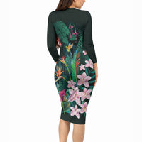 Hawaii Hummingbird Tropical Flowers Long Sleeve Bodycon Dress Dark Green