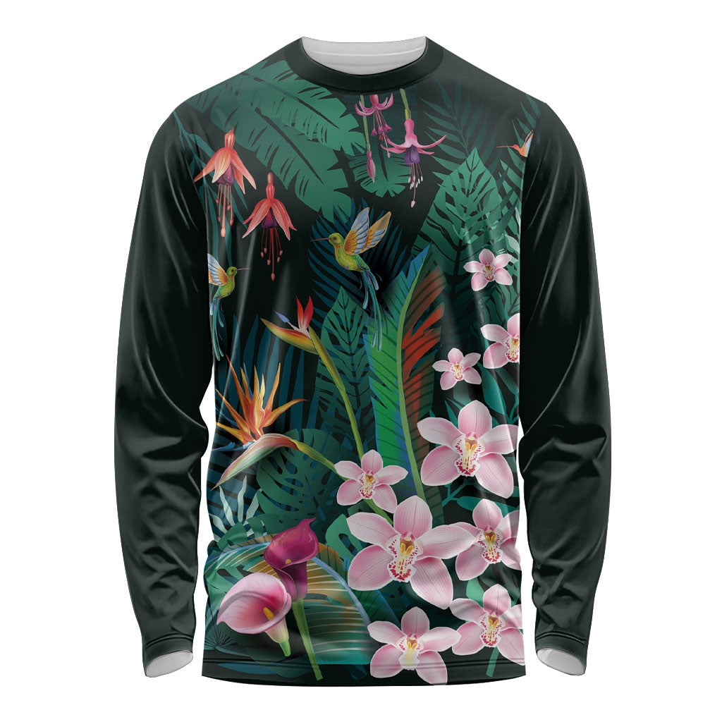 Hawaii Hummingbird Tropical Flowers Long Sleeve Shirt Dark Green LT01 Unisex Green - Polynesian Pride