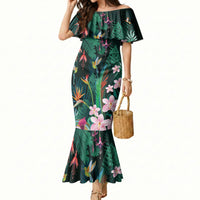 Hawaii Hummingbird Tropical Flowers Mermaid Dress Dark Green