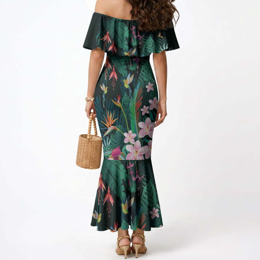 Hawaii Hummingbird Tropical Flowers Mermaid Dress Dark Green