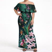 Hawaii Hummingbird Tropical Flowers Off Shoulder Maxi Dress Dark Green