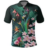 Hawaii Hummingbird Tropical Flowers Polo Shirt Dark Green