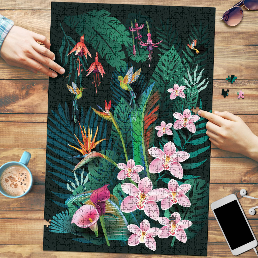 Hawaii Hummingbird Tropical Flowers Puzzle Dark Green LT01 Green - Polynesian Pride
