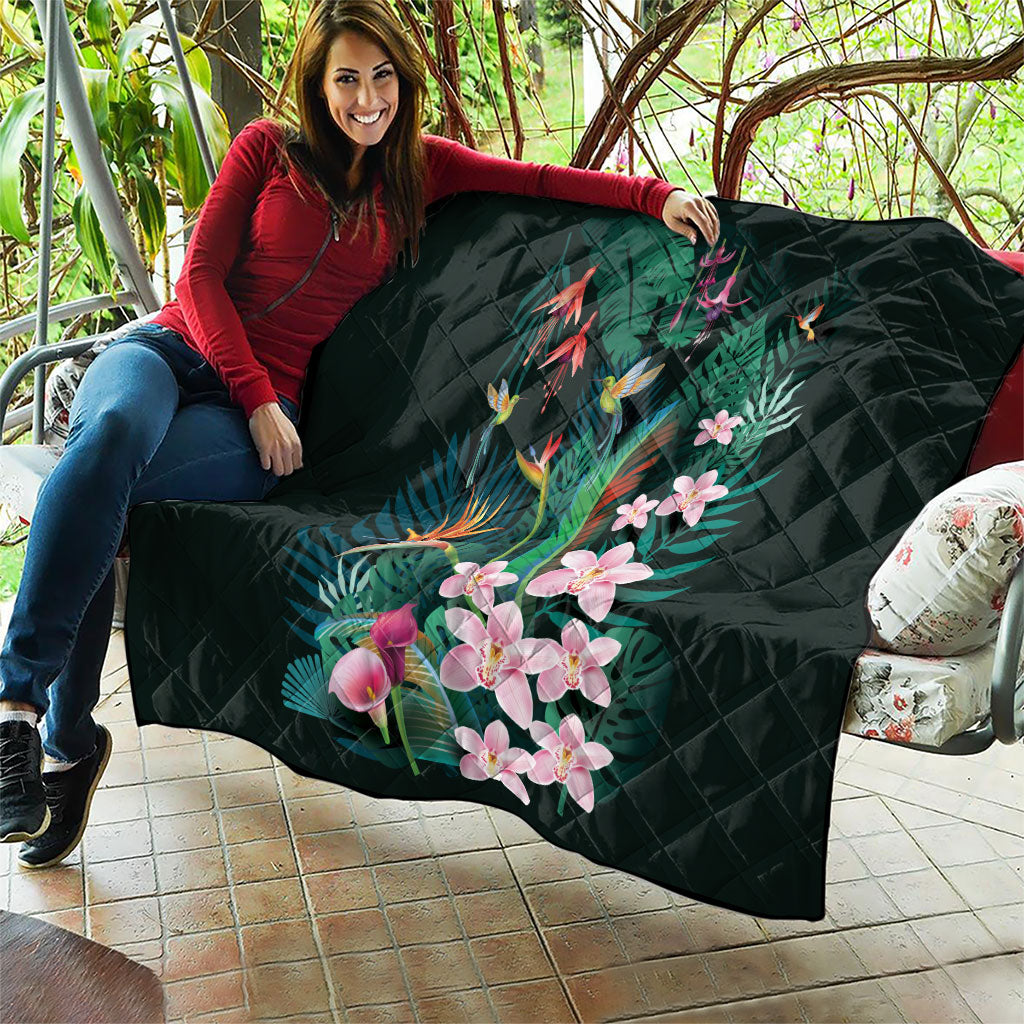 Hawaii Hummingbird Tropical Flowers Quilt Dark Green