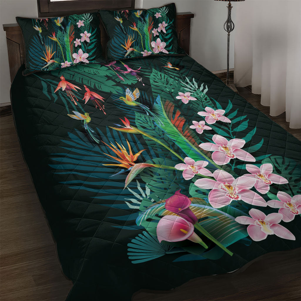 Hawaii Hummingbird Tropical Flowers Quilt Bed Set Dark Green LT01 Green - Polynesian Pride