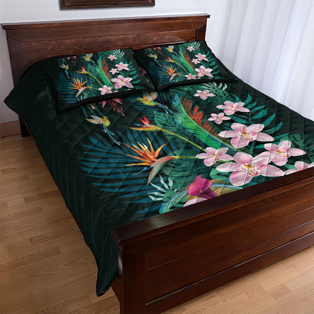 Hawaii Hummingbird Tropical Flowers Quilt Bed Set Dark Green