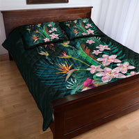 Hawaii Hummingbird Tropical Flowers Quilt Bed Set Dark Green