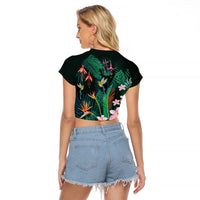 Hawaii Hummingbird Tropical Flowers Raglan Cropped T Shirt Dark Green