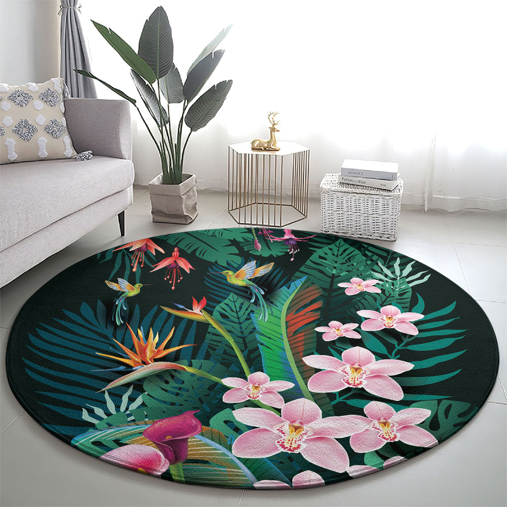 Hawaii Hummingbird Tropical Flowers Round Carpet Dark Green