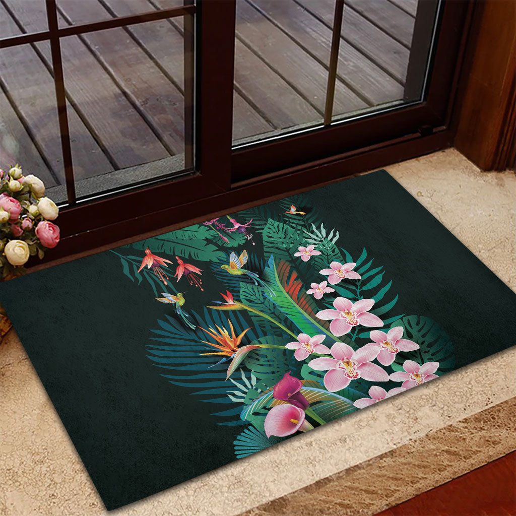 Hawaii Hummingbird Tropical Flowers Rubber Doormat Dark Green