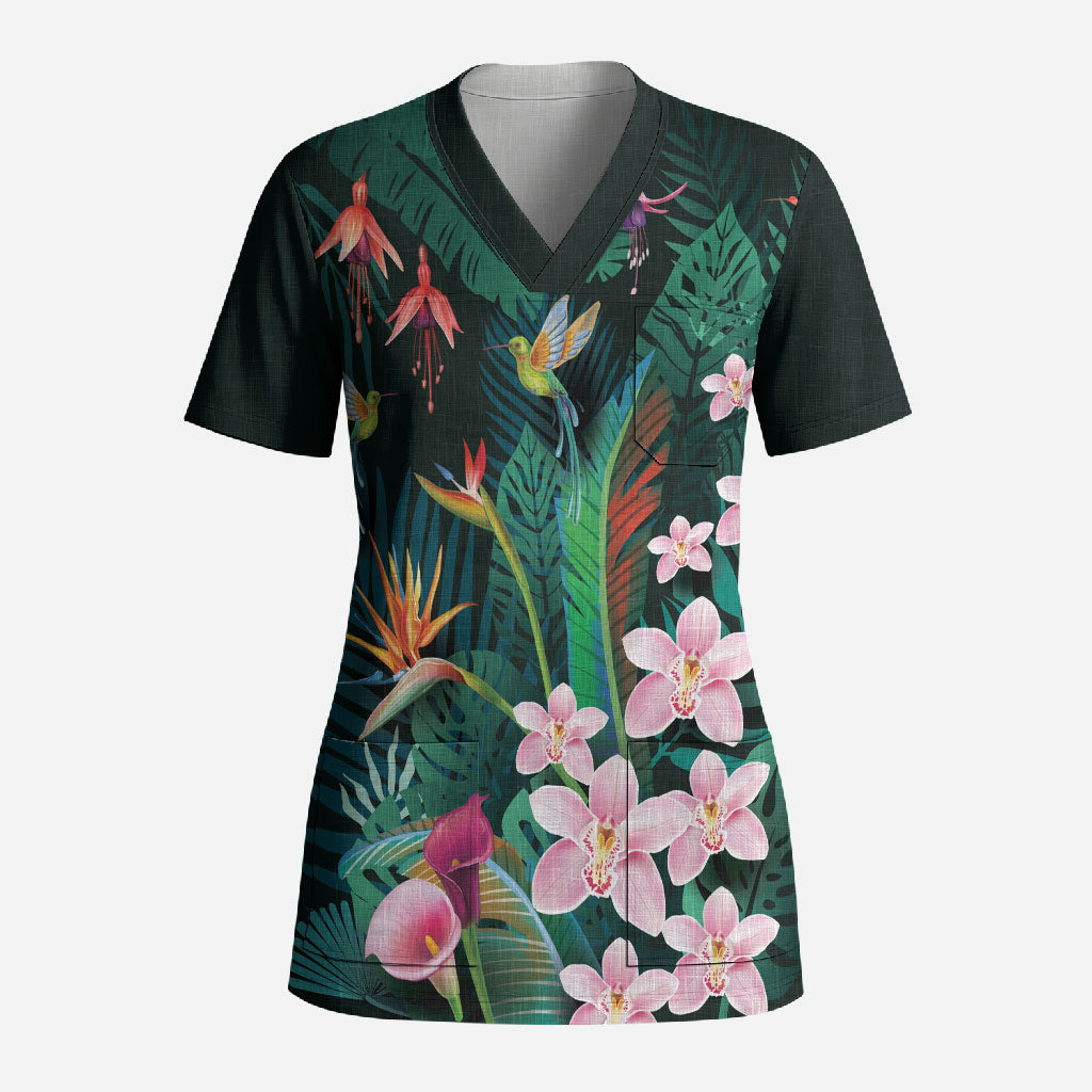 Hawaii Hummingbird Tropical Flowers Scrub Top Dark Green LT01 Adult Green - Polynesian Pride