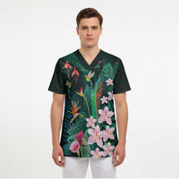Hawaii Hummingbird Tropical Flowers Scrub Top Dark Green