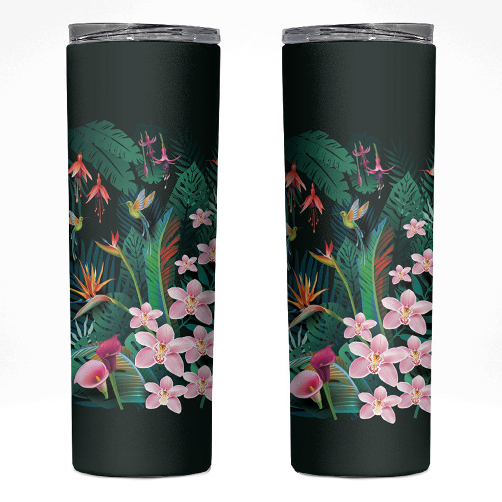 Hawaii Hummingbird Tropical Flowers Skinny Tumbler Dark Green