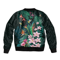 Hawaii Hummingbird Tropical Flowers Sleeve Zip Bomber Jacket Dark Green