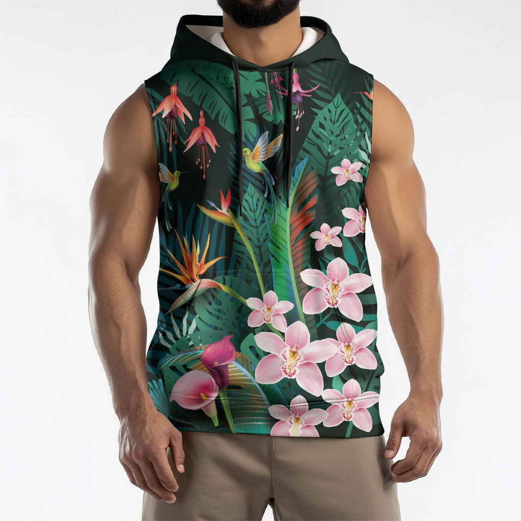 Hawaii Hummingbird Tropical Flowers Sleeveless Hoodie Dark Green