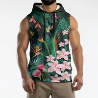 Hawaii Hummingbird Tropical Flowers Sleeveless Hoodie Dark Green