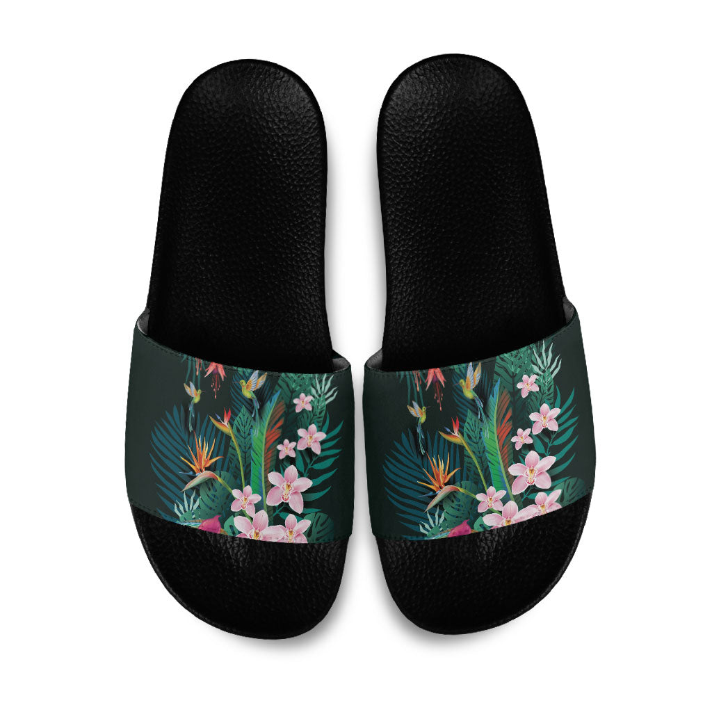 Hawaii Hummingbird Tropical Flowers Slide Sandals Dark Green