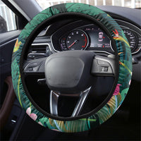 Hawaii Hummingbird Tropical Flowers Steering Wheel Cover Dark Green
