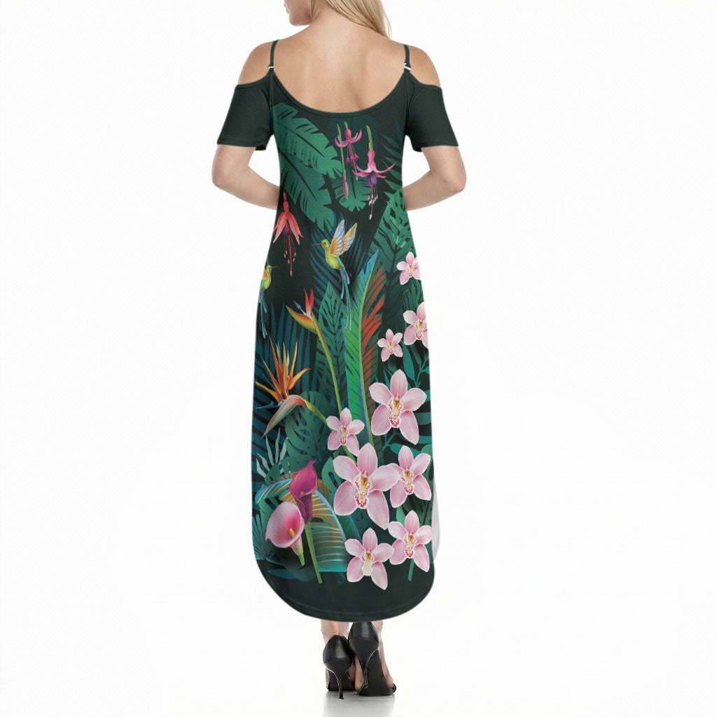 Hawaii Hummingbird Tropical Flowers Summer Maxi Dress Dark Green