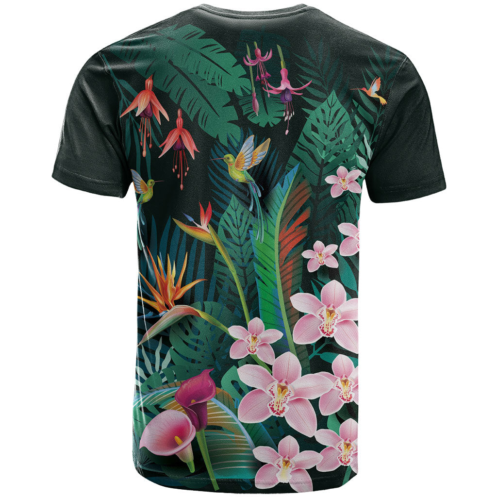 Hawaii Hummingbird Tropical Flowers T Shirt Dark Green
