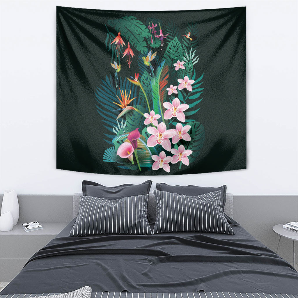 Hawaii Hummingbird Tropical Flowers Tapestry Dark Green