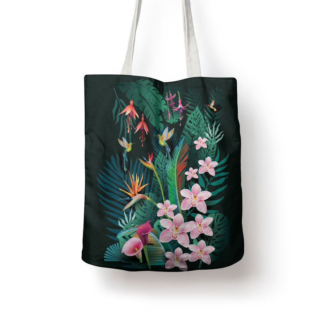 Hawaii Hummingbird Tropical Flowers Tote Bag Dark Green