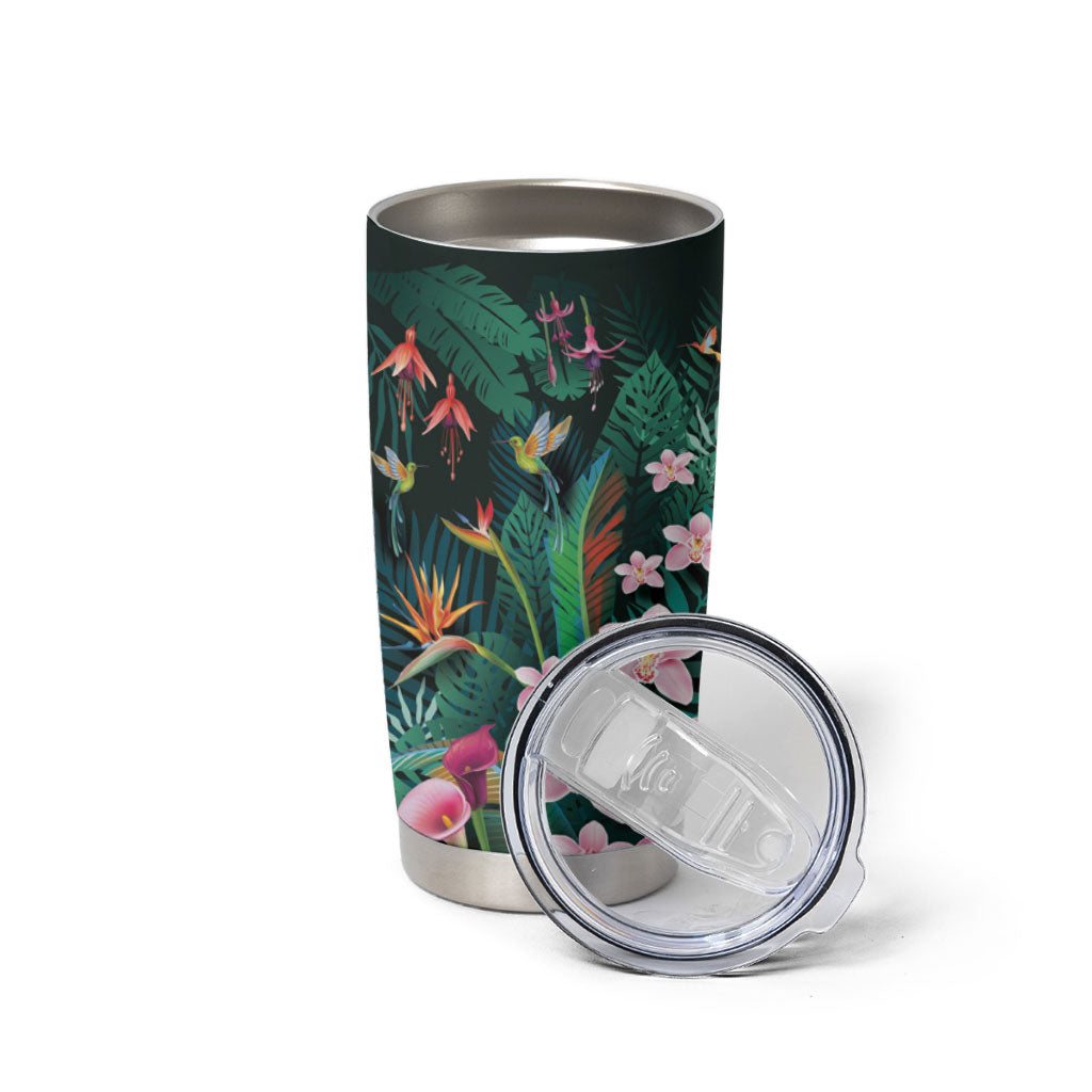 Hawaii Hummingbird Tropical Flowers Tumbler Cup Dark Green