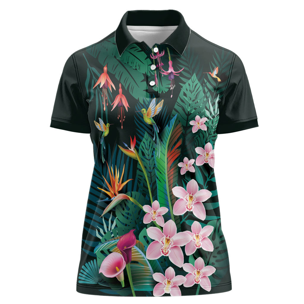 Hawaii Hummingbird Tropical Flowers Women Polo Shirt Dark Green