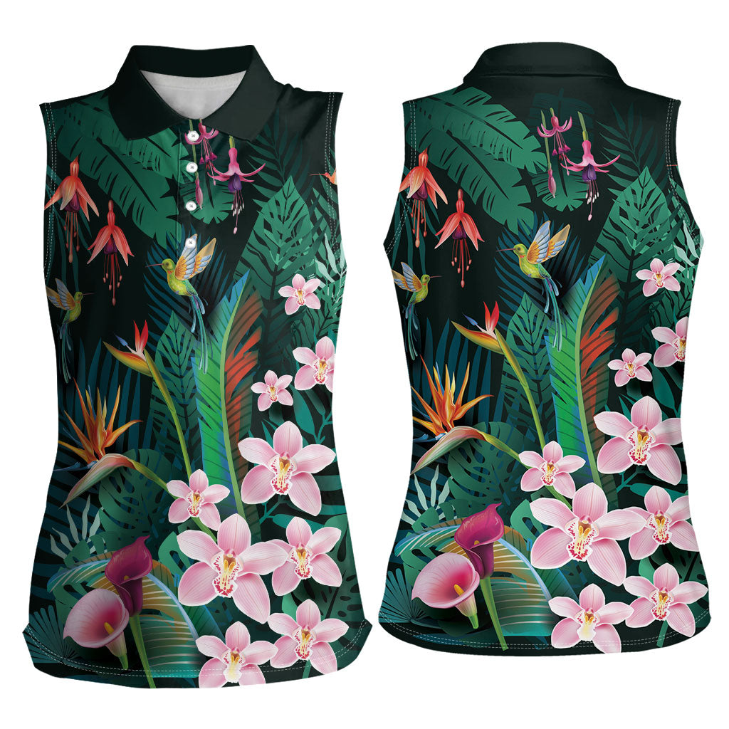Hawaii Hummingbird Tropical Flowers Women Sleeveless Polo Shirt Dark Green