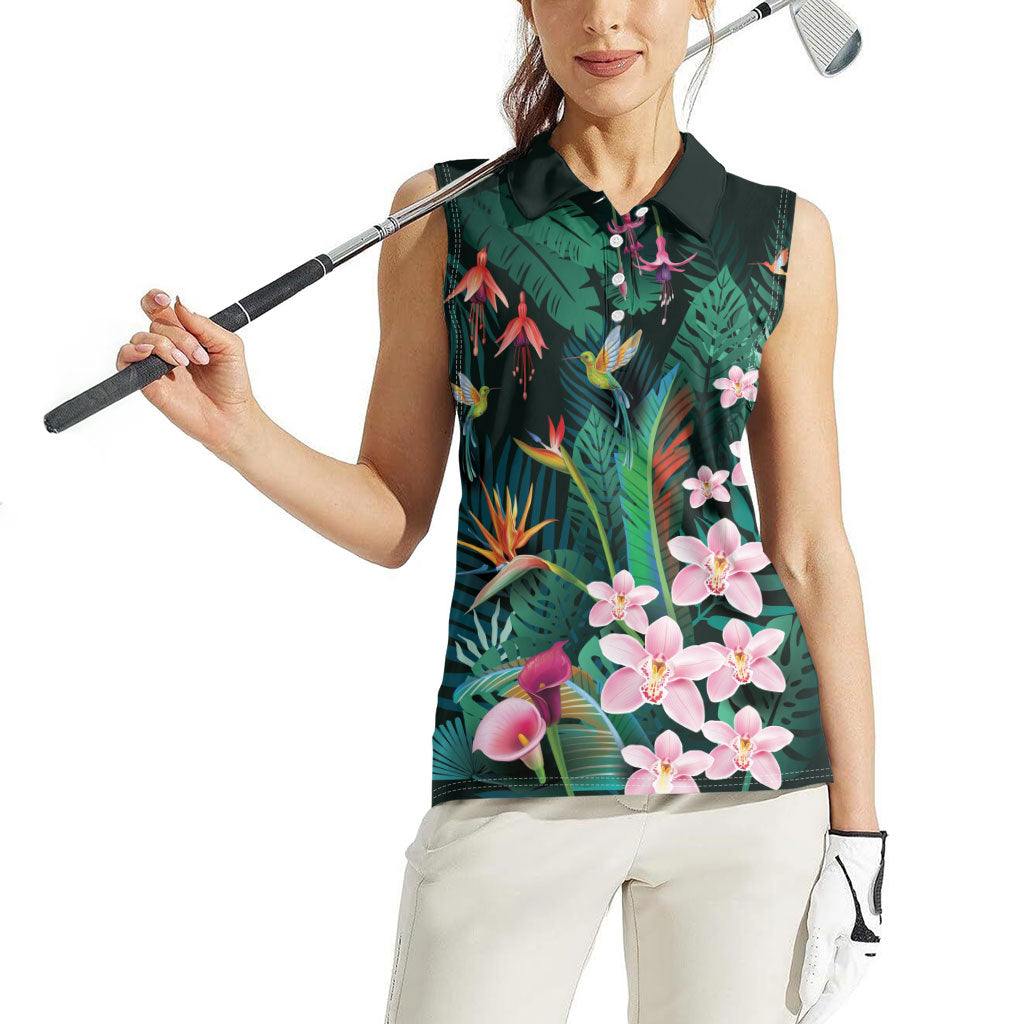 Hawaii Hummingbird Tropical Flowers Women Sleeveless Polo Shirt Dark Green