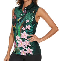 Hawaii Hummingbird Tropical Flowers Women Sleeveless Polo Shirt Dark Green