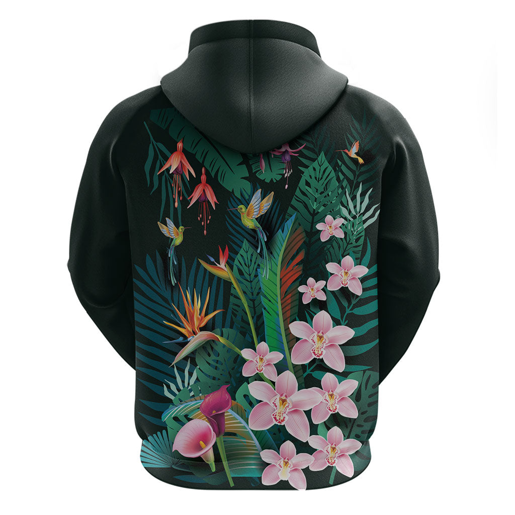 Hawaii Hummingbird Tropical Flowers Zip Hoodie Dark Green