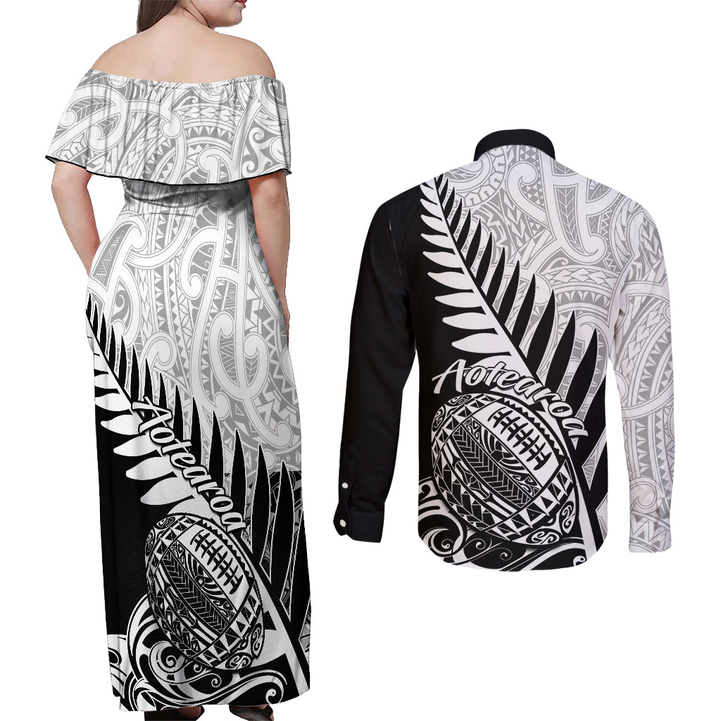 New Zealand Silver Fern Rugby Couples Matching Off Shoulder Maxi Dress and Long Sleeve Button Shirts Aotearoa Maori Black Version LT01 - Polynesian Pride