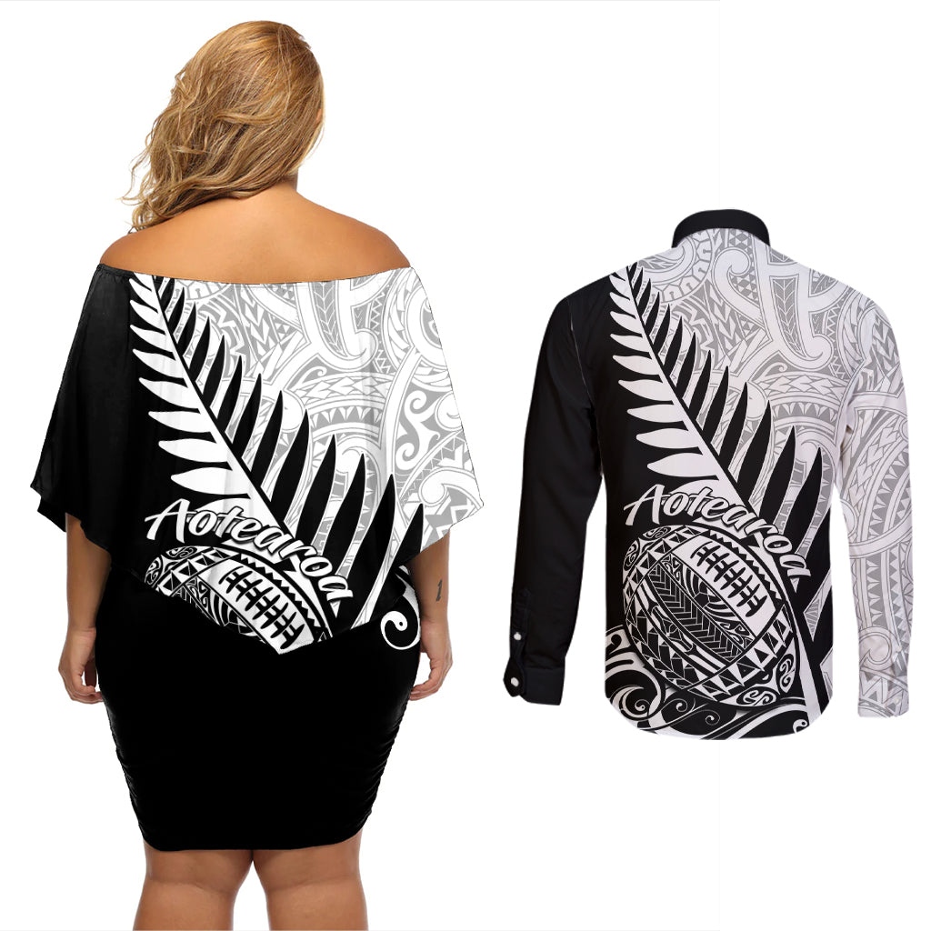 New Zealand Silver Fern Rugby Couples Matching Off Shoulder Short Dress and Long Sleeve Button Shirts Aotearoa Maori Black Version LT01 - Polynesian Pride