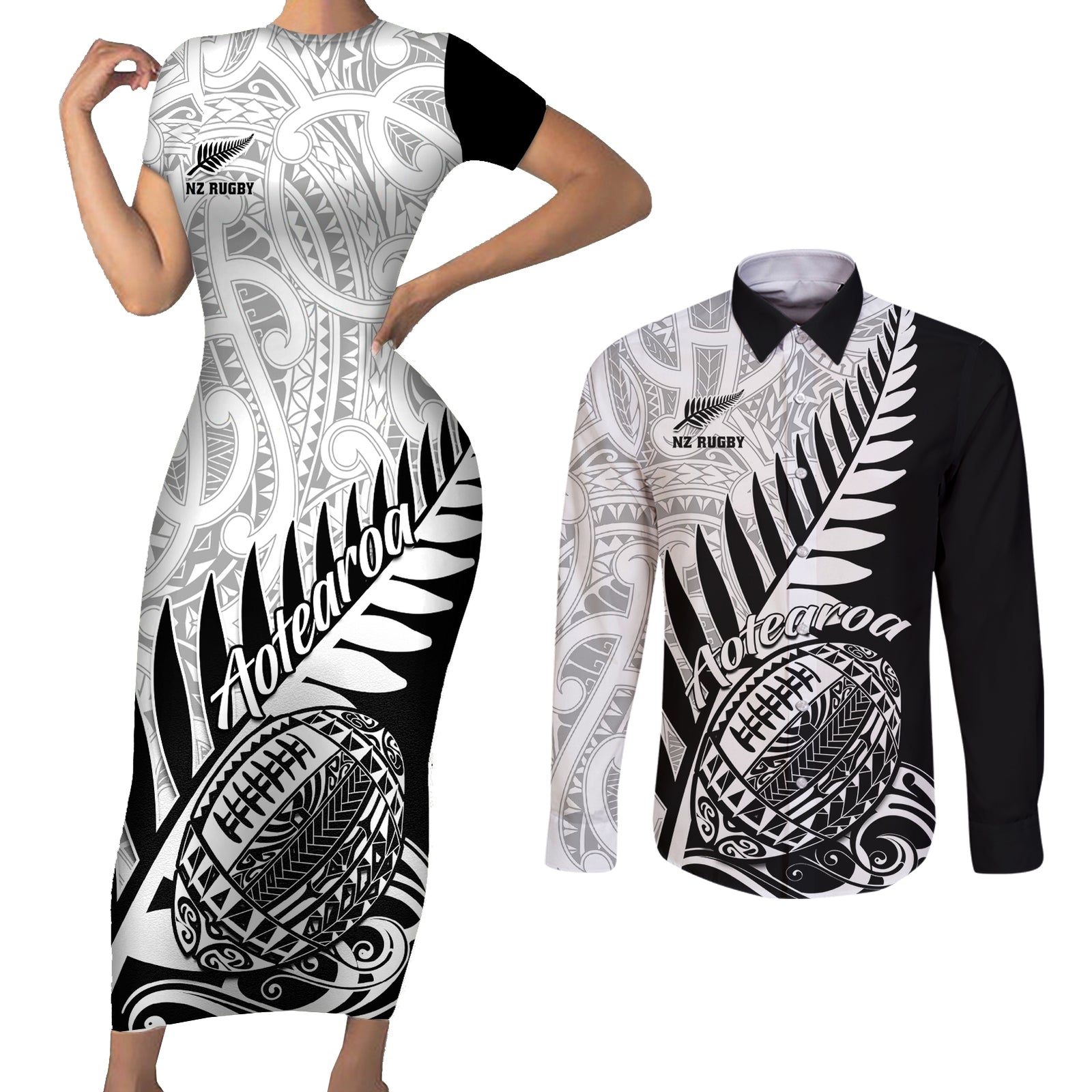 New Zealand Silver Fern Rugby Couples Matching Short Sleeve Bodycon Dress and Long Sleeve Button Shirts Aotearoa Maori Black Version LT01 Black - Polynesian Pride