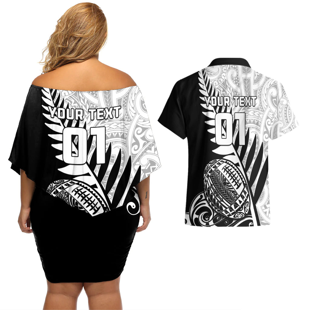 Custom New Zealand Silver Fern Rugby Couples Matching Off Shoulder Short Dress and Hawaiian Shirt Aotearoa Maori Black Version LT01 - Polynesian Pride