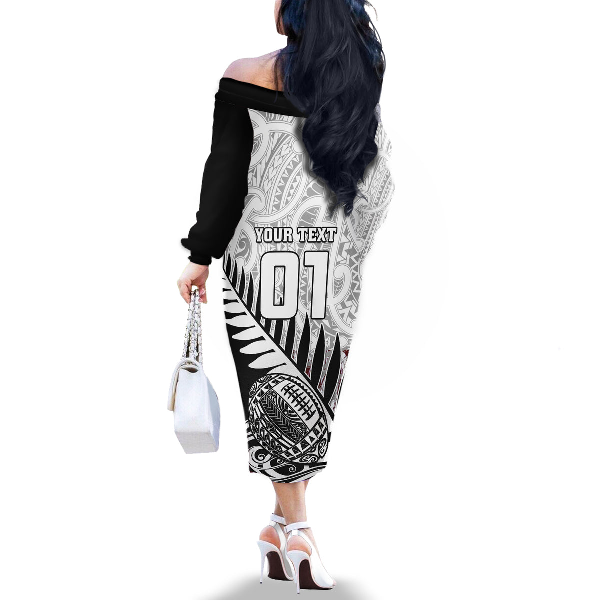 Custom New Zealand Silver Fern Rugby Off The Shoulder Long Sleeve Dress Aotearoa Maori Black Version LT01 - Polynesian Pride