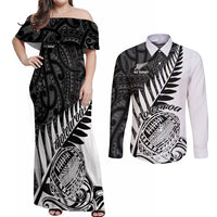 New Zealand Silver Fern Rugby Couples Matching Off Shoulder Maxi Dress and Long Sleeve Button Shirts Aotearoa Maori White Version LT01 White - Polynesian Pride