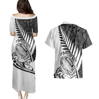 New Zealand Silver Fern Rugby Couples Matching Puletasi Dress and Hawaiian Shirt Aotearoa Maori White Version LT01 - Polynesian Pride