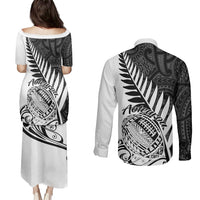 New Zealand Silver Fern Rugby Couples Matching Puletasi Dress and Long Sleeve Button Shirts Aotearoa Maori White Version LT01 - Polynesian Pride