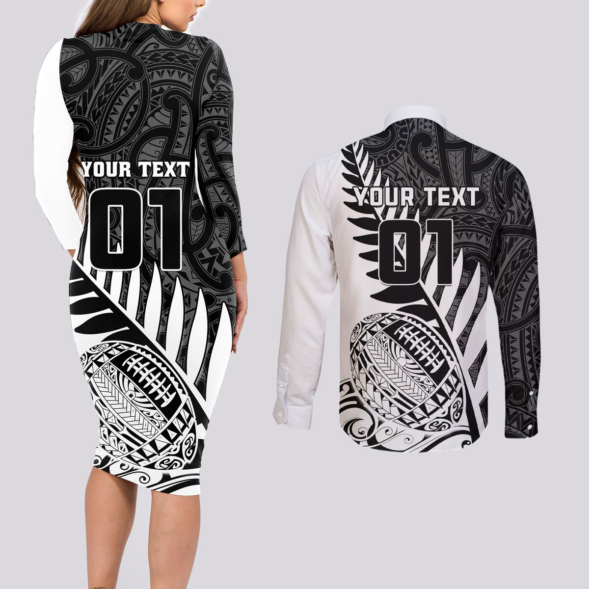 Custom New Zealand Silver Fern Rugby Couples Matching Long Sleeve Bodycon Dress and Long Sleeve Button Shirts Aotearoa Maori White Version LT01 - Polynesian Pride