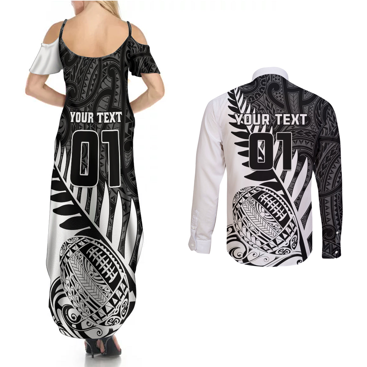 Custom New Zealand Silver Fern Rugby Couples Matching Summer Maxi Dress and Long Sleeve Button Shirts Aotearoa Maori White Version LT01 - Polynesian Pride
