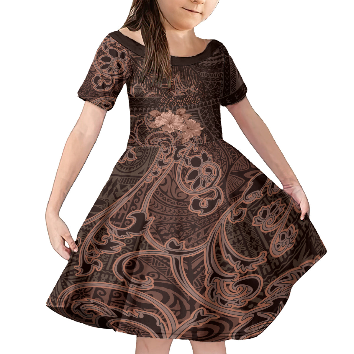 Bula Fiji Masi Kid Short Sleeve Dress Fijian Tapa Vintage Dark Brown Version LT01 KID Brown - Polynesian Pride