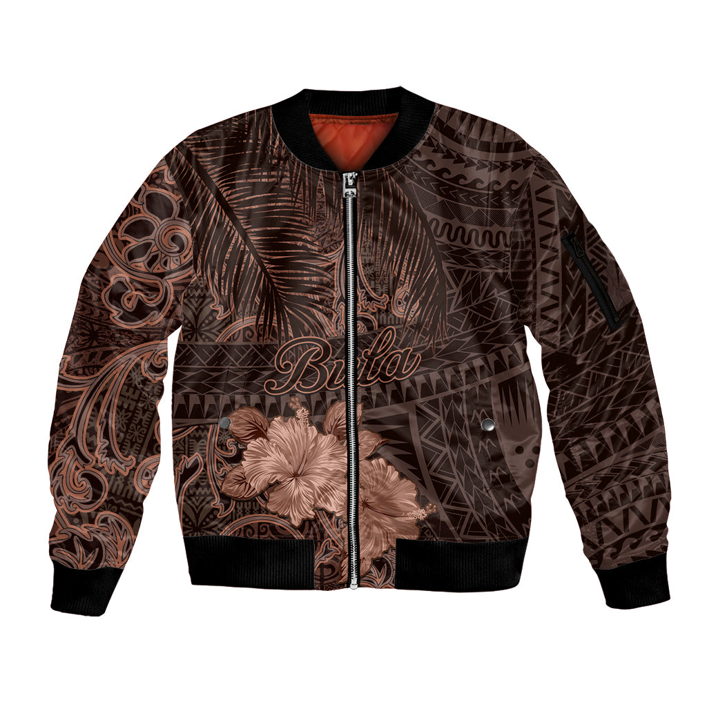 Bula Fiji Masi Sleeve Zip Bomber Jacket Fijian Tapa Vintage Dark Brown Version LT01 Unisex Brown - Polynesian Pride