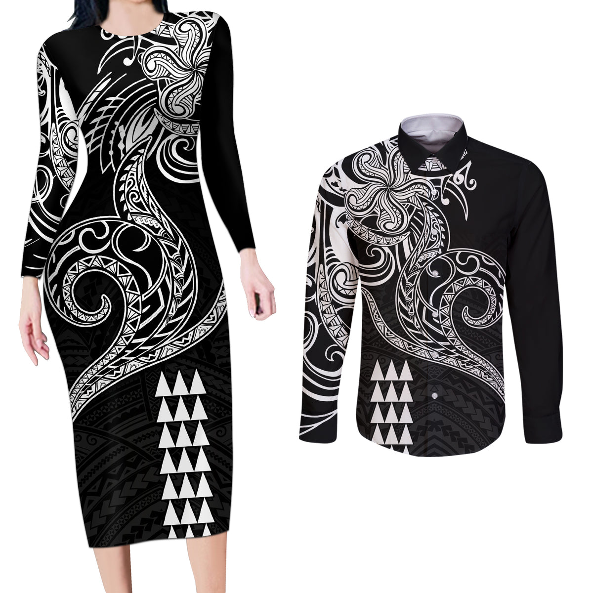 Hawaii Valentine Couples Matching Long Sleeve Bodycon Dress and Long Sleeve Button Shirt Kakau Polynesian Heart LT01 Black - Polynesian Pride